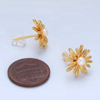24K Gold Filled 15mm White Shell Pearl Sunflower Stud Earrings | P219