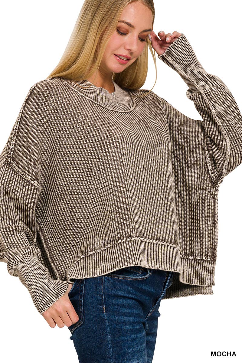 `Washed Side Slit Oversized Cropped Sweater SI-26510 Zenana