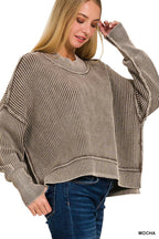 `Washed Side Slit Oversized Cropped Sweater SI-26510 Zenana