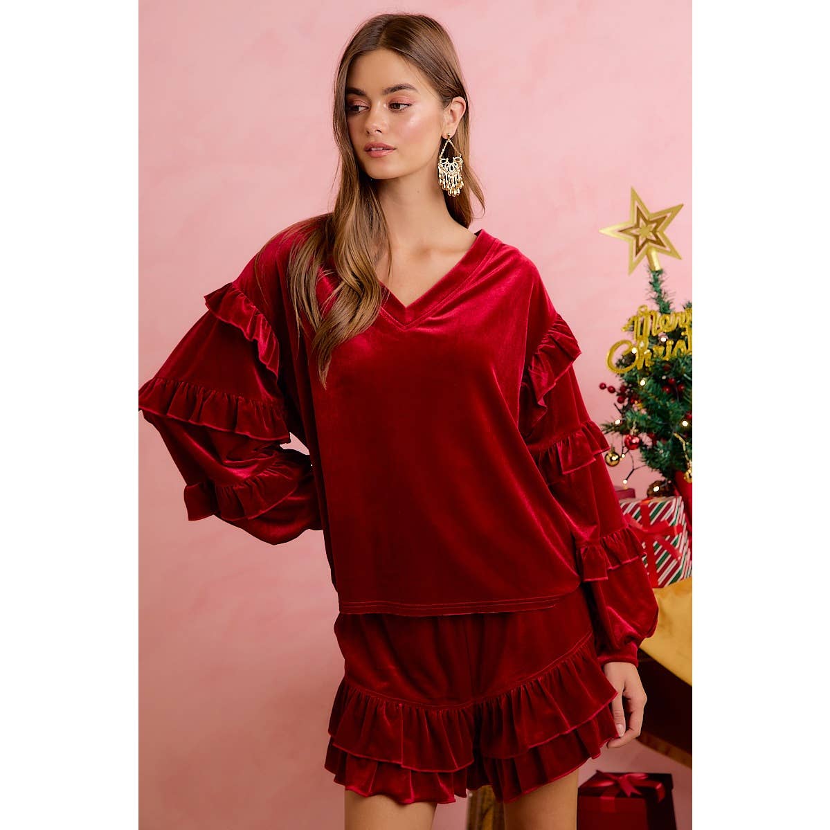HOLIDAY VELVET RUFFLED SLEEVES V NECK TOP