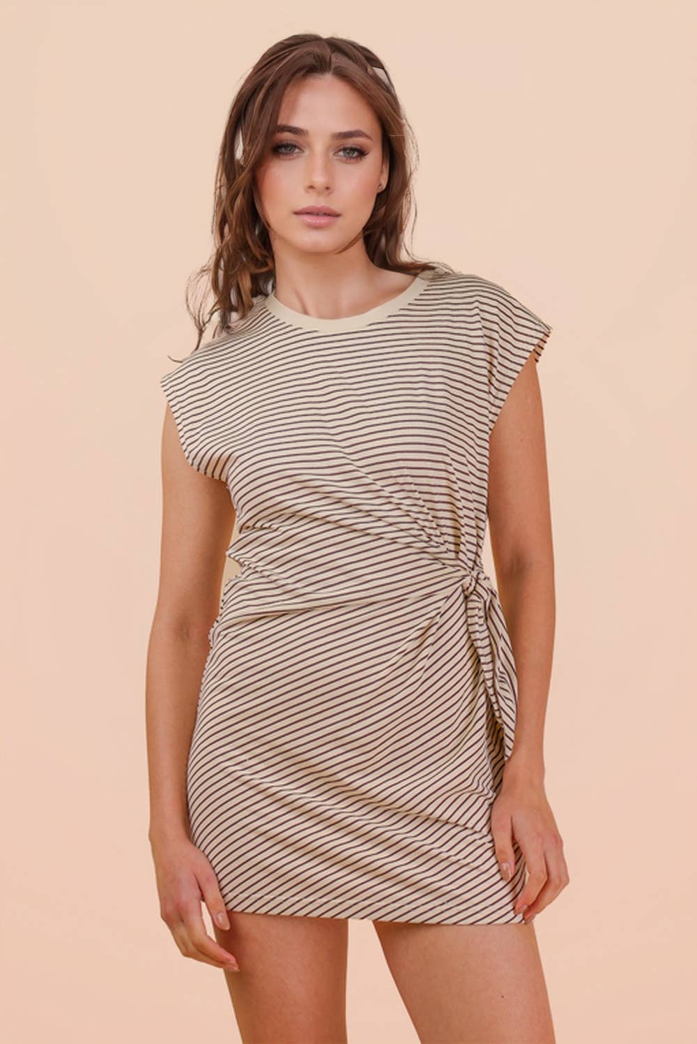 ND31733-Stripe Knit Sleeveless Mini Dress W/ Tie Detail
