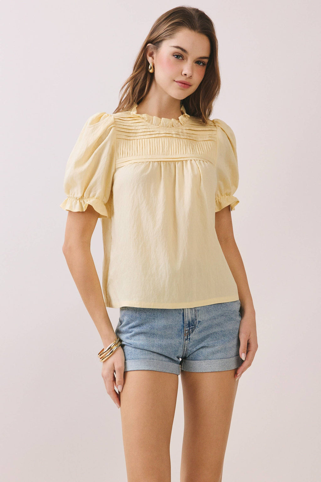 CT9787-Pleated Yoke Detail Ruffled Neckline Blouse