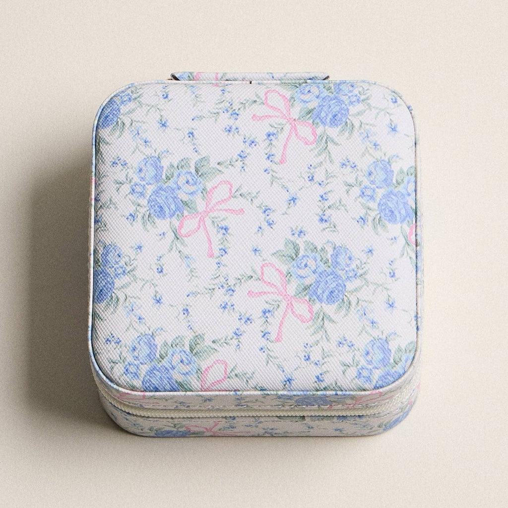 Travel-Ready Blue Floral | Jewelry Box with Pink Bow
