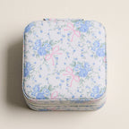 Travel-Ready Blue Floral | Jewelry Box with Pink Bow