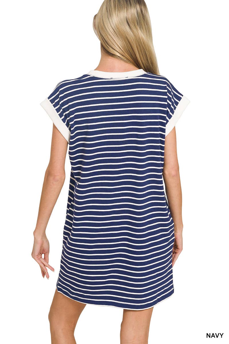 Striped Contrast Trim Rib Banded T-shirts Dress