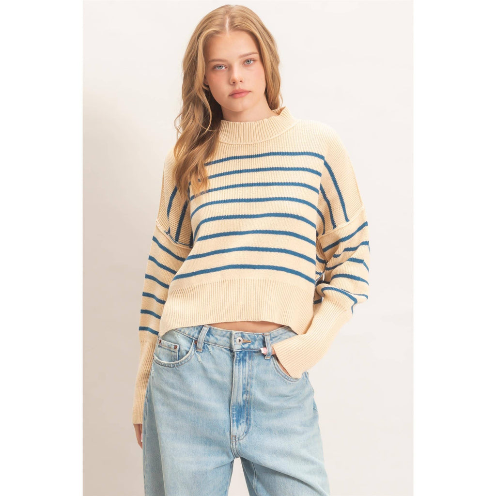 Striped Mock Neck Cropped Sweater