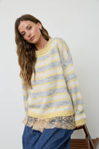 HEATHERED MULTI-STRIPE RAW EDGE KNIT SWEATER