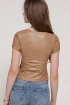Short Sleeve Round Neck Stretch Faux Leather Top