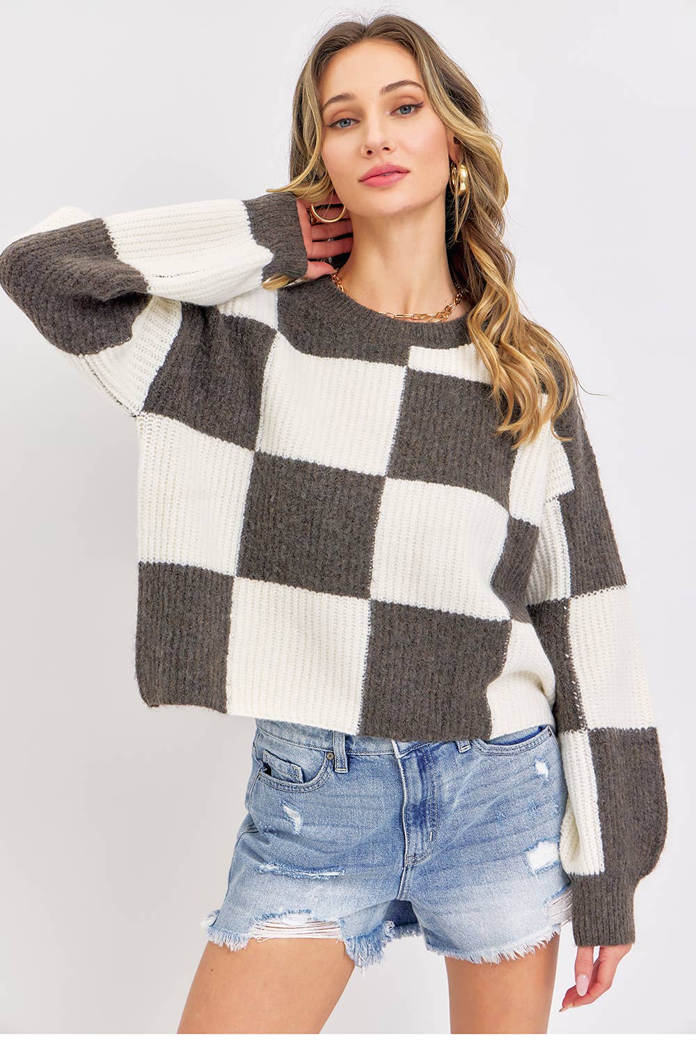 CASUAL SOFT COZY  RELAXED FIT CHECKER KNIT SWEATER