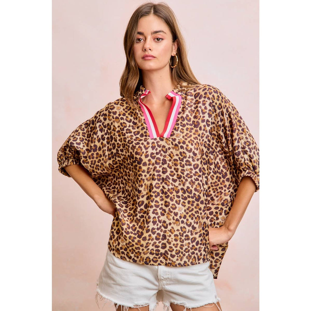 LEOPARD CONTRAST BANDED DOLMAN SLEEVES BLOUSE TOP