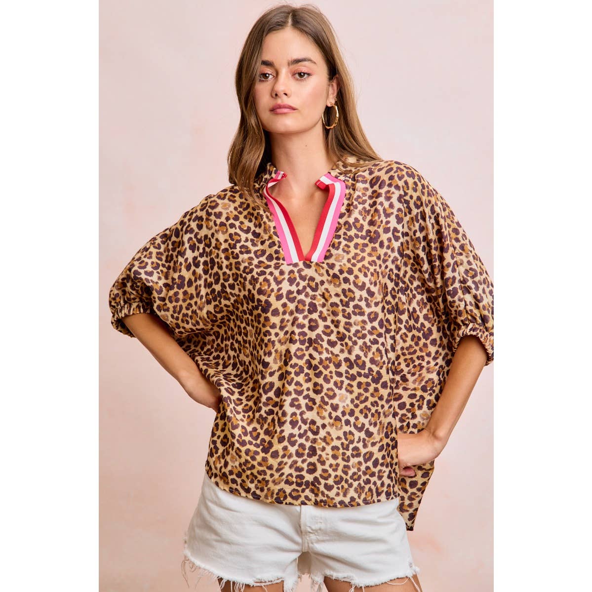LEOPARD CONTRAST BANDED DOLMAN SLEEVES BLOUSE TOP