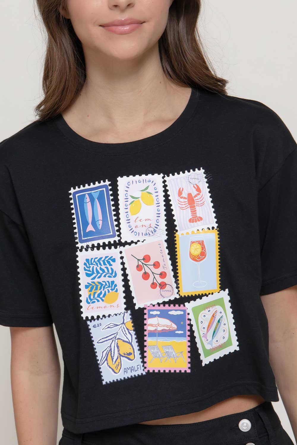 Short Sleeve Round Neck Print Knit Crop Top