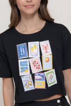 Short Sleeve Round Neck Print Knit Crop Top