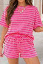 Raised Rib Loose Tee Drawstring Elastic Waist 2pcs Short Set