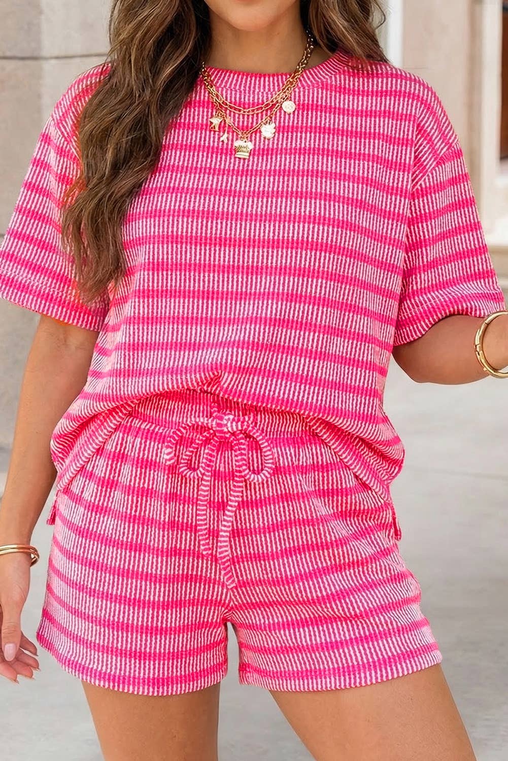 Raised Rib Loose Tee Drawstring Elastic Waist 2pcs Short Set