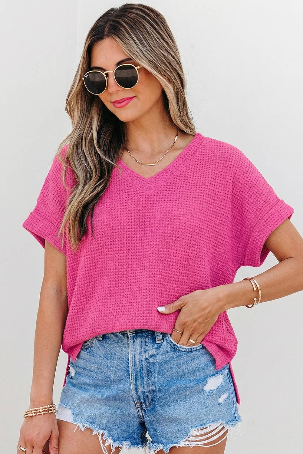 Waffle Texture V Neck Short Sleeve Knit Top | S-XL