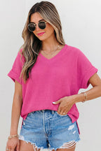 Waffle Texture V Neck Short Sleeve Knit Top | S-XL