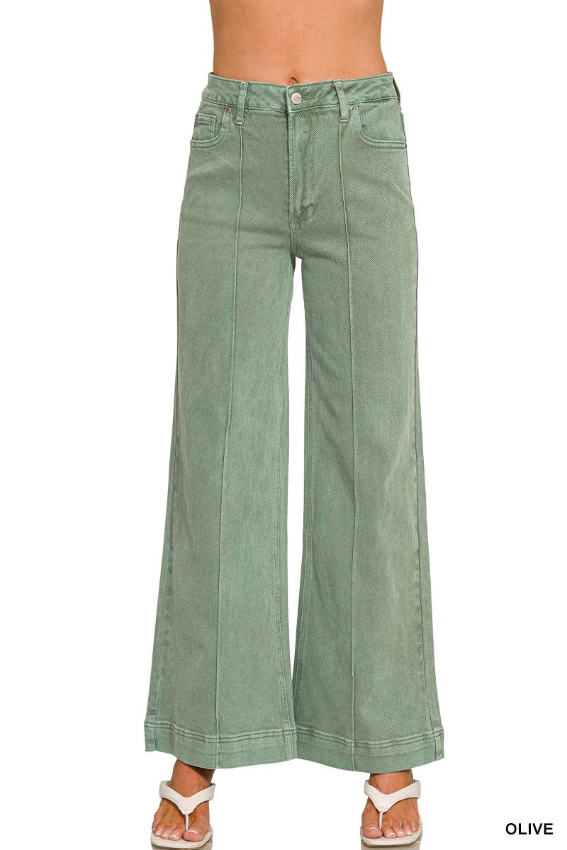 High Rise Wide Leg Pintuck Color Denim Pants