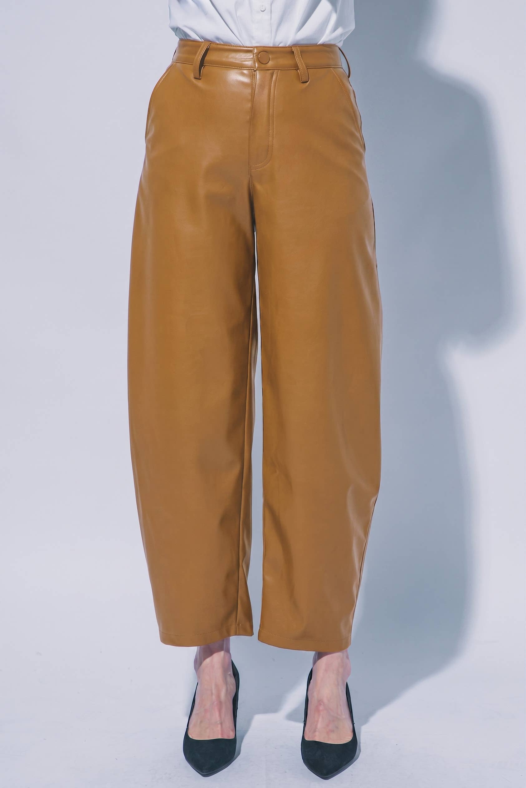 Faux Leather Barrel Leg Pants