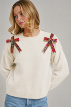 CHRISTMAS HOLIDAY SWEATER TOP WITH BOW APPLIQUES_JLT00420-01
