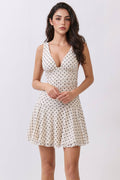 LD57530P - PRINTED V-NECK W/SIDE RUCHED FLARE MINI DRESS