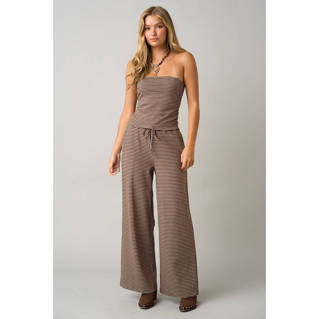 STRIPED PRINT SMOCKED BACK TUBE TOP AND PANTS SET