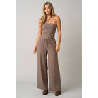STRIPED PRINT SMOCKED BACK TUBE TOP AND PANTS SET