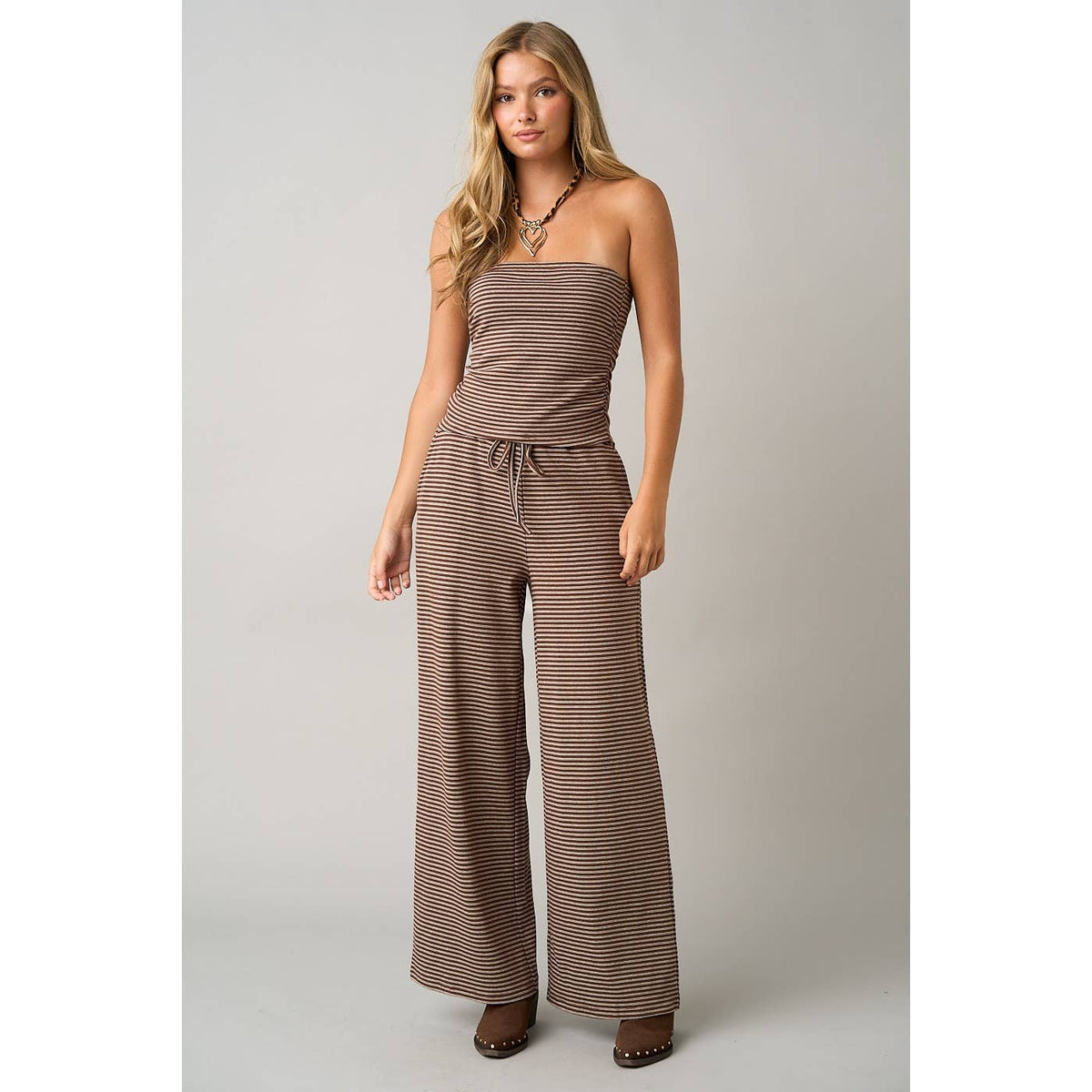 STRIPED PRINT SMOCKED BACK TUBE TOP AND PANTS SET