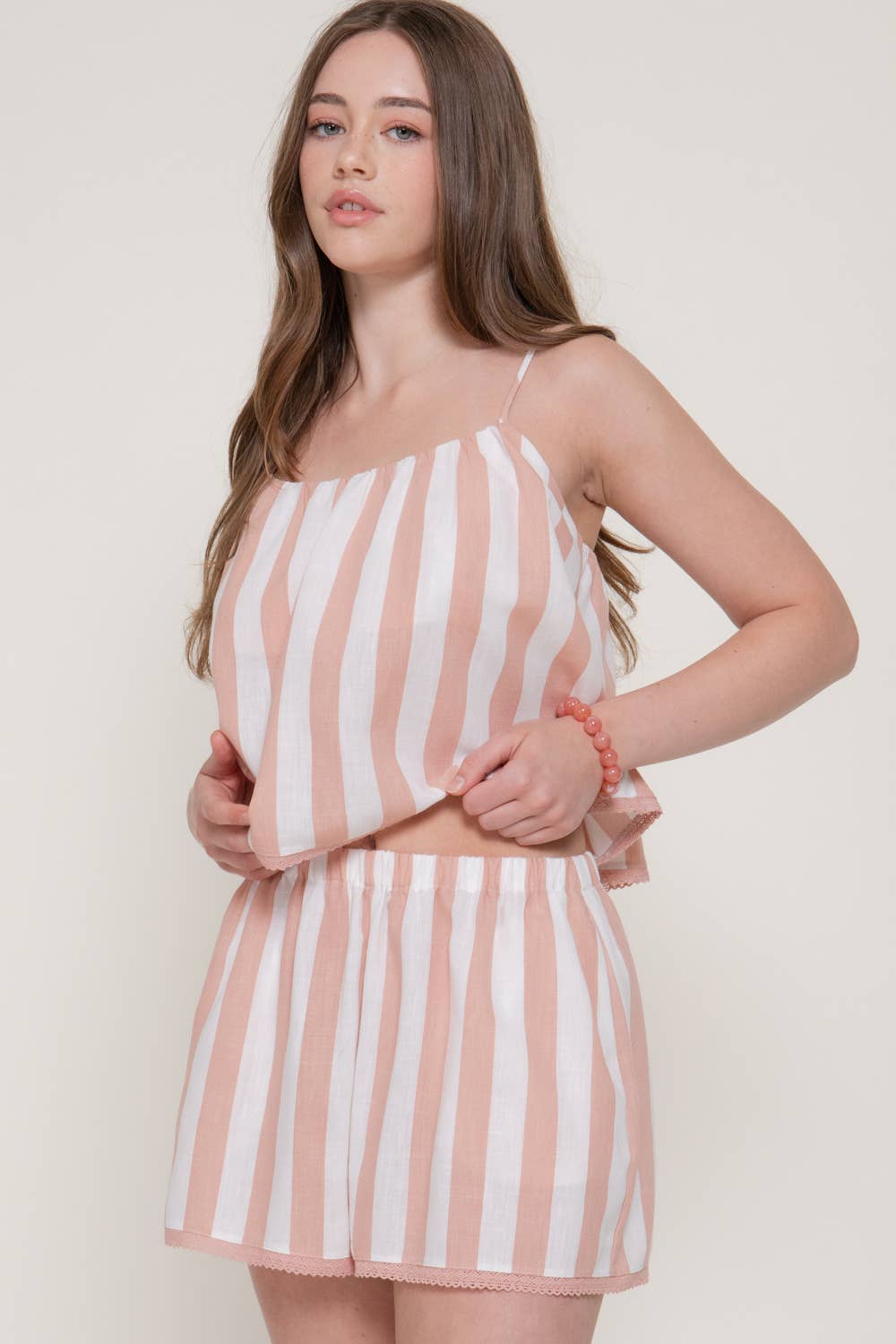 Cami Top & Wide Striped Shorts Set with Lace Edges