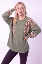 Leopard Contrast Rib Knit Pullover