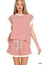 , 0212 Stripe Contrast Trim Top & Shorts Set SI-29345