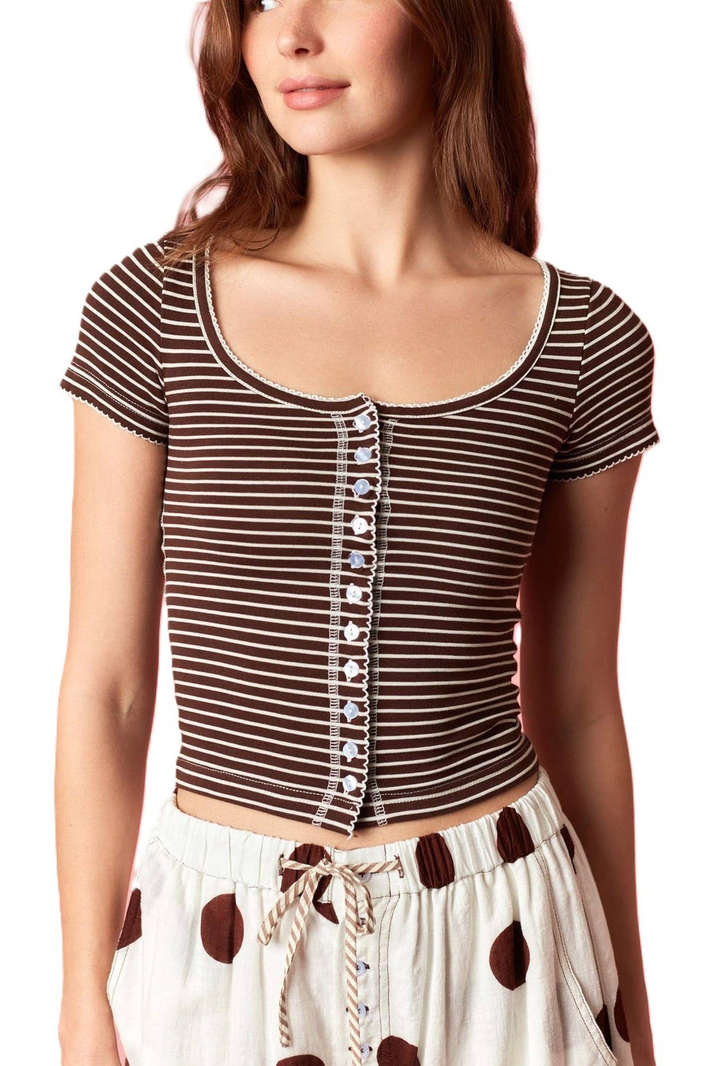 Stripe Cotton Jersey Scoop Neck Button Up Top