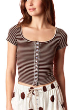 Stripe Cotton Jersey Scoop Neck Button Up Top