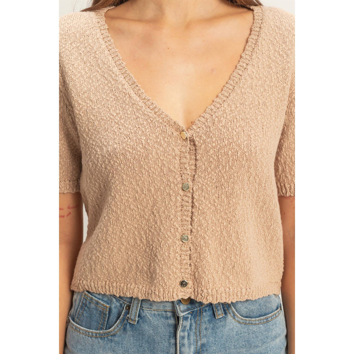 V-Neck Cropped Button Cardigan