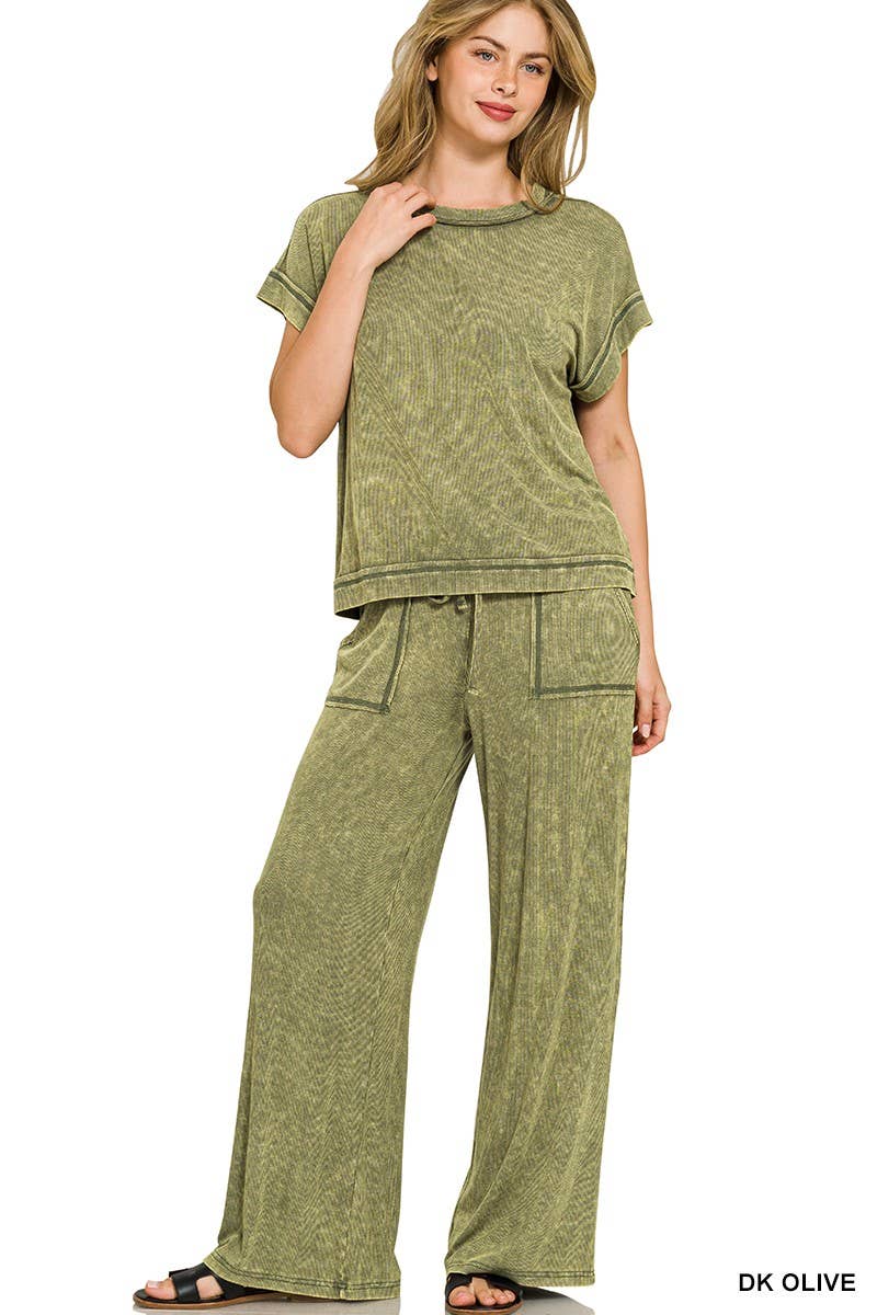 Ribbed Acid Wash Rayon Top N Pants Set