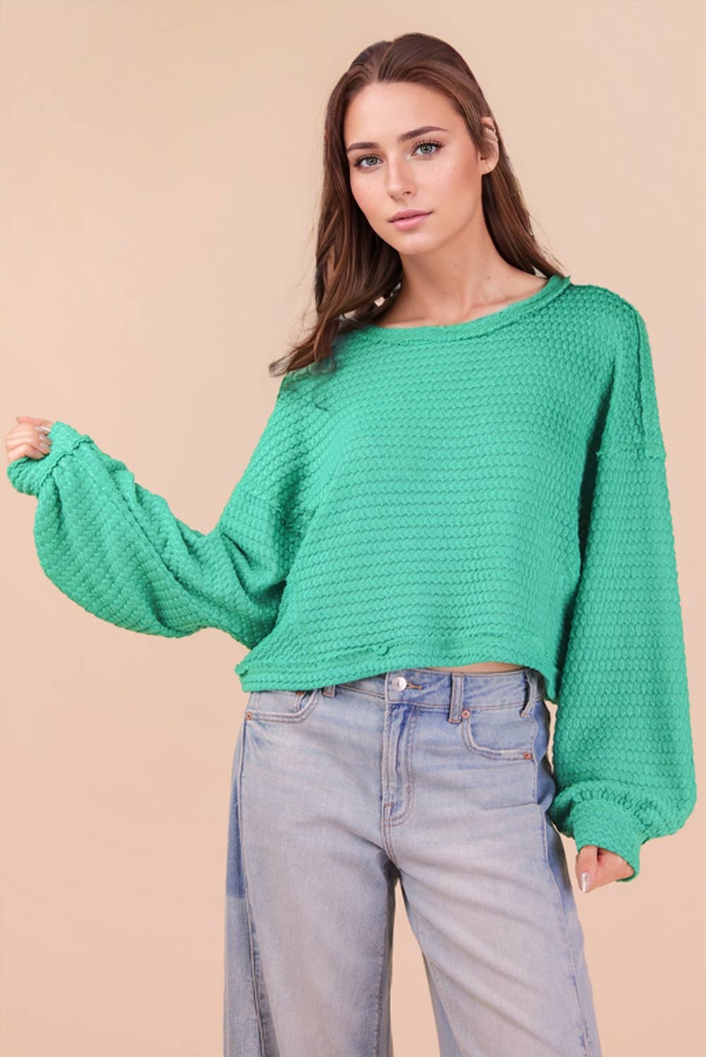 NT11982-Oversized Waffle Solid Knit Causal Top