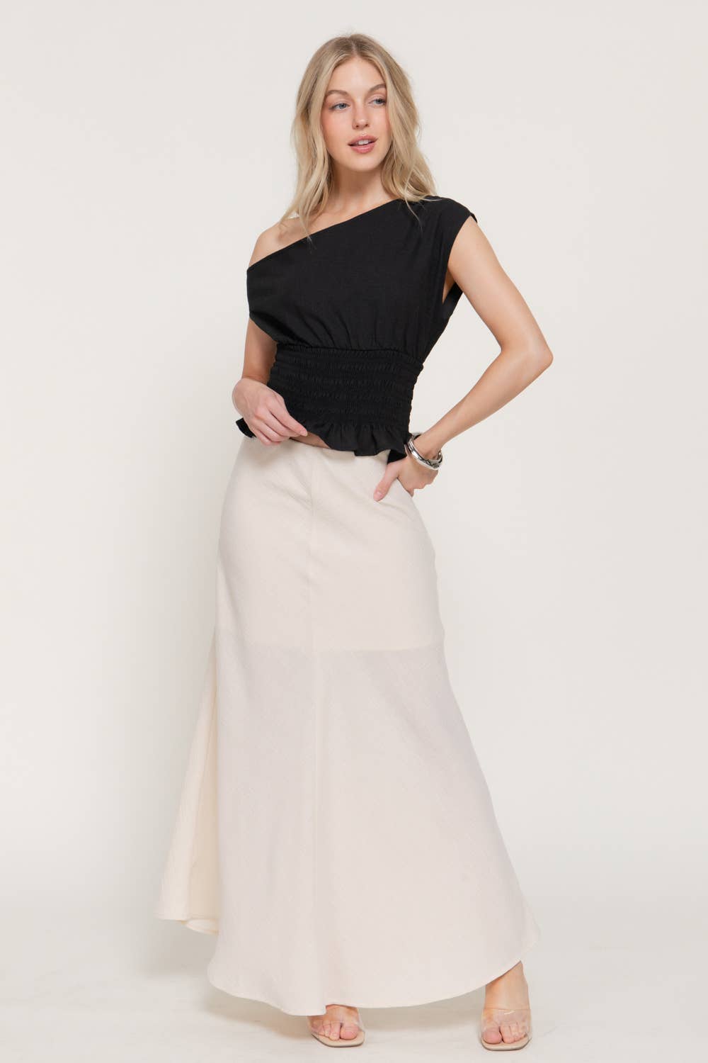Asymmetrical Off The Shoulder Smocking Linen Effect Top