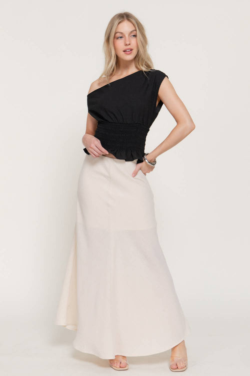 Asymmetrical Off The Shoulder Smocking Linen Effect Top
