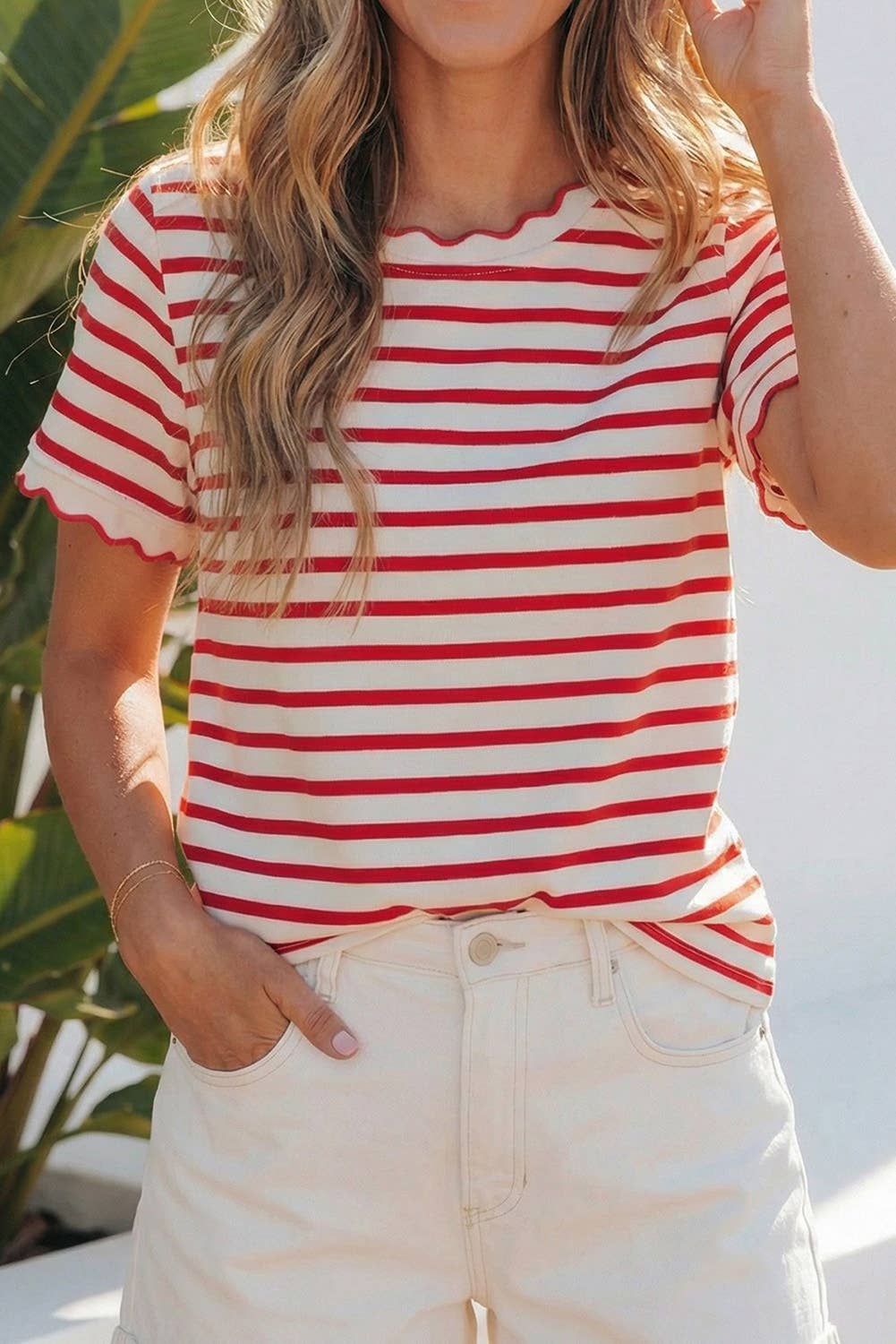 Stripe Scalloped Trim Round Neck Shirt