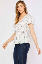 POLKA DOT PEPLUM SHORT SLEEVE BLOUSE