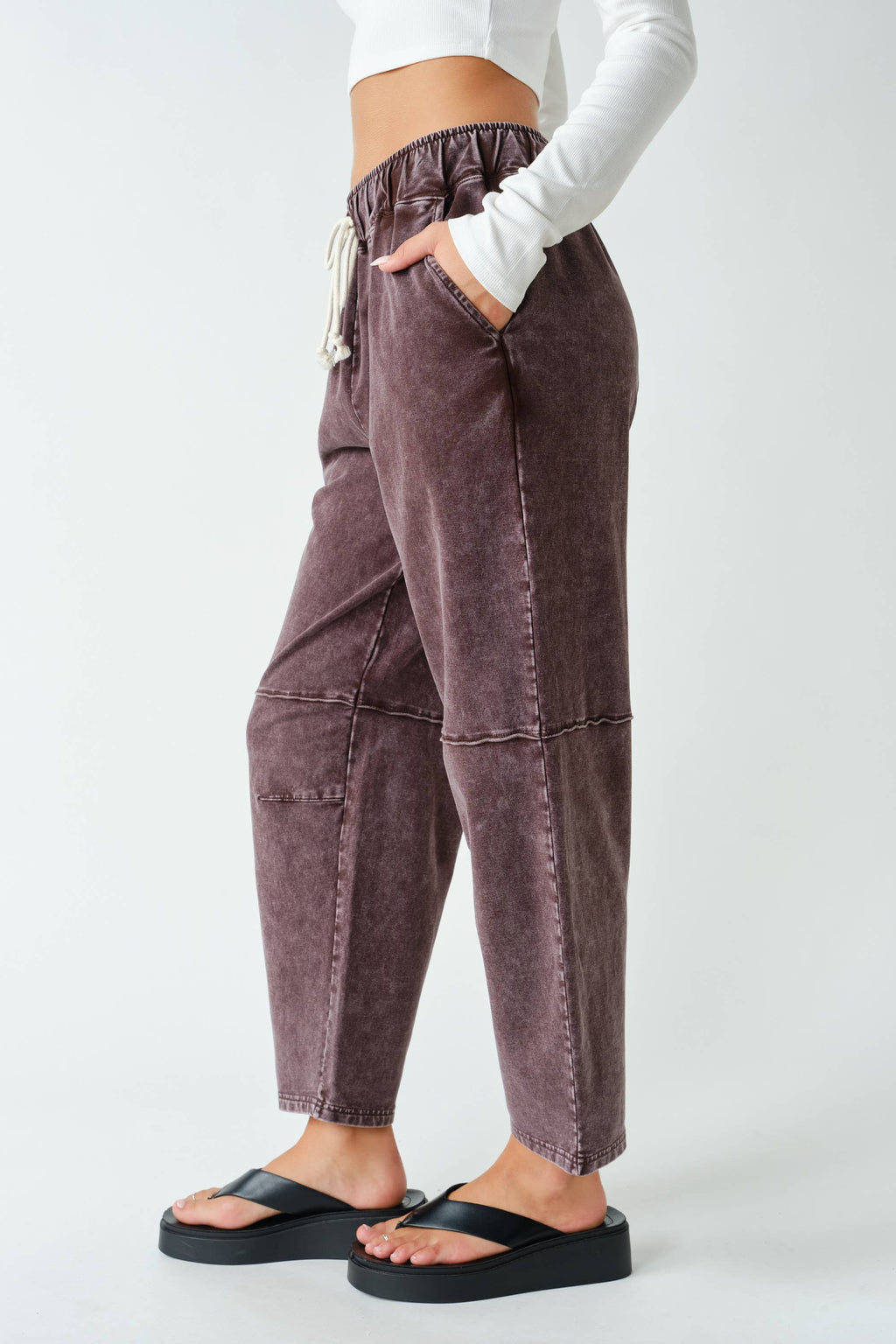 Cotton Blend Mineral Wash Cropped Straight Leg Pants