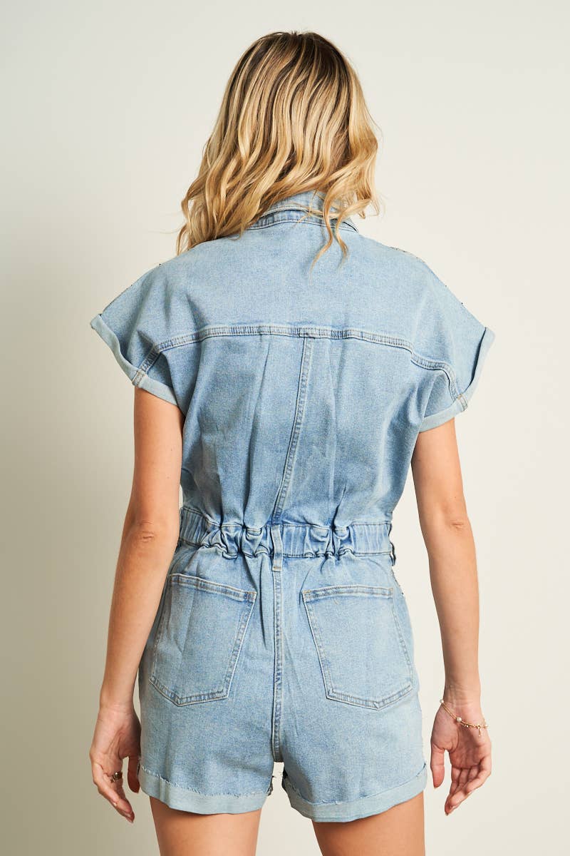 70047-RHINE STONE DETAILED DENIM ROMPER