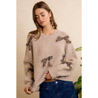 LEOPARD BOW ACCENT SOFT KNIT PULLOVER SWEATER