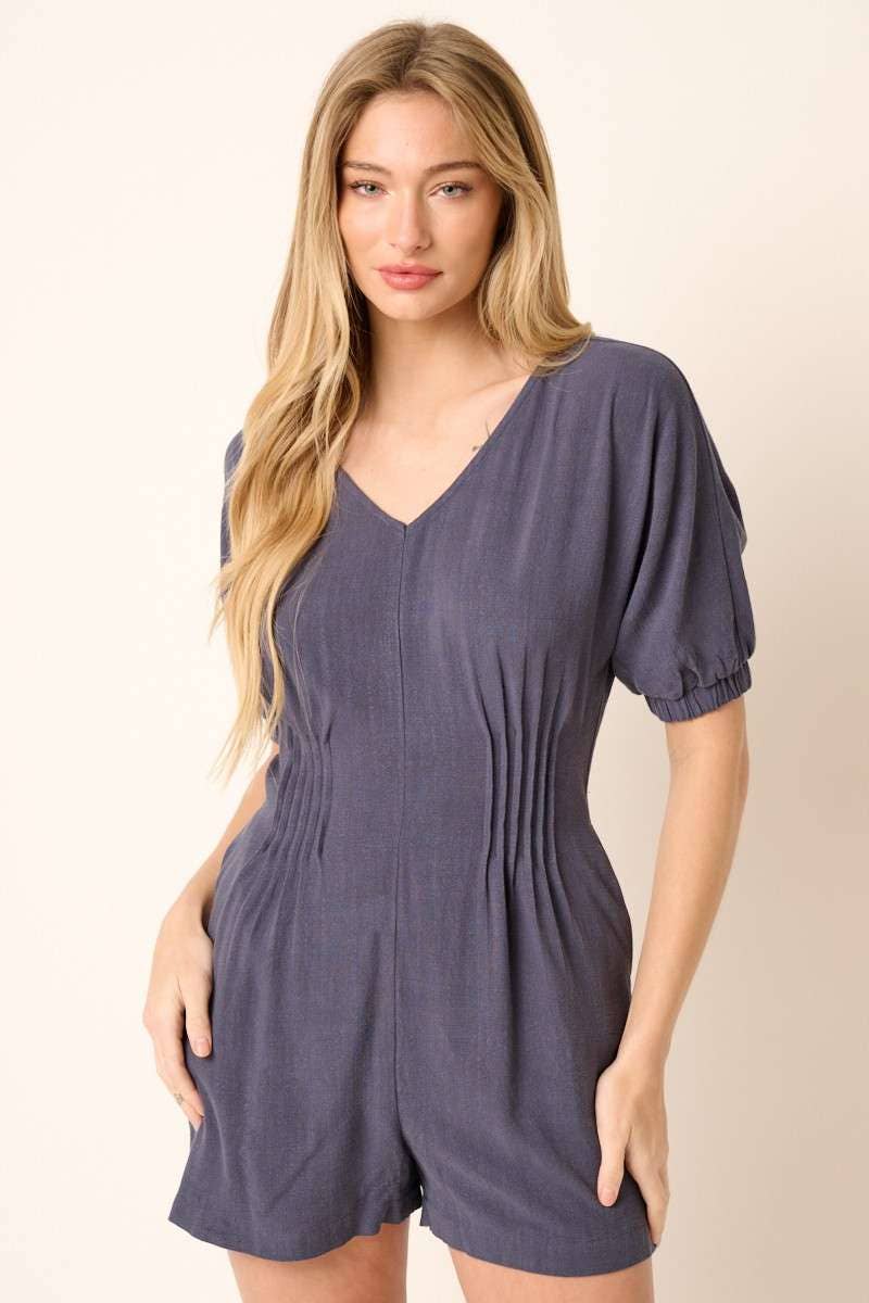 PINTUCK DETAIL V NECK SHORT SLEEVE ROMPER