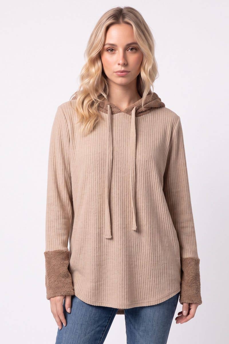 Textured Faux Sherpa Collar Hooded Top