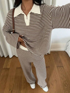 Women's Knit Stripe Loungewear Set Long Sleeve Top Pants