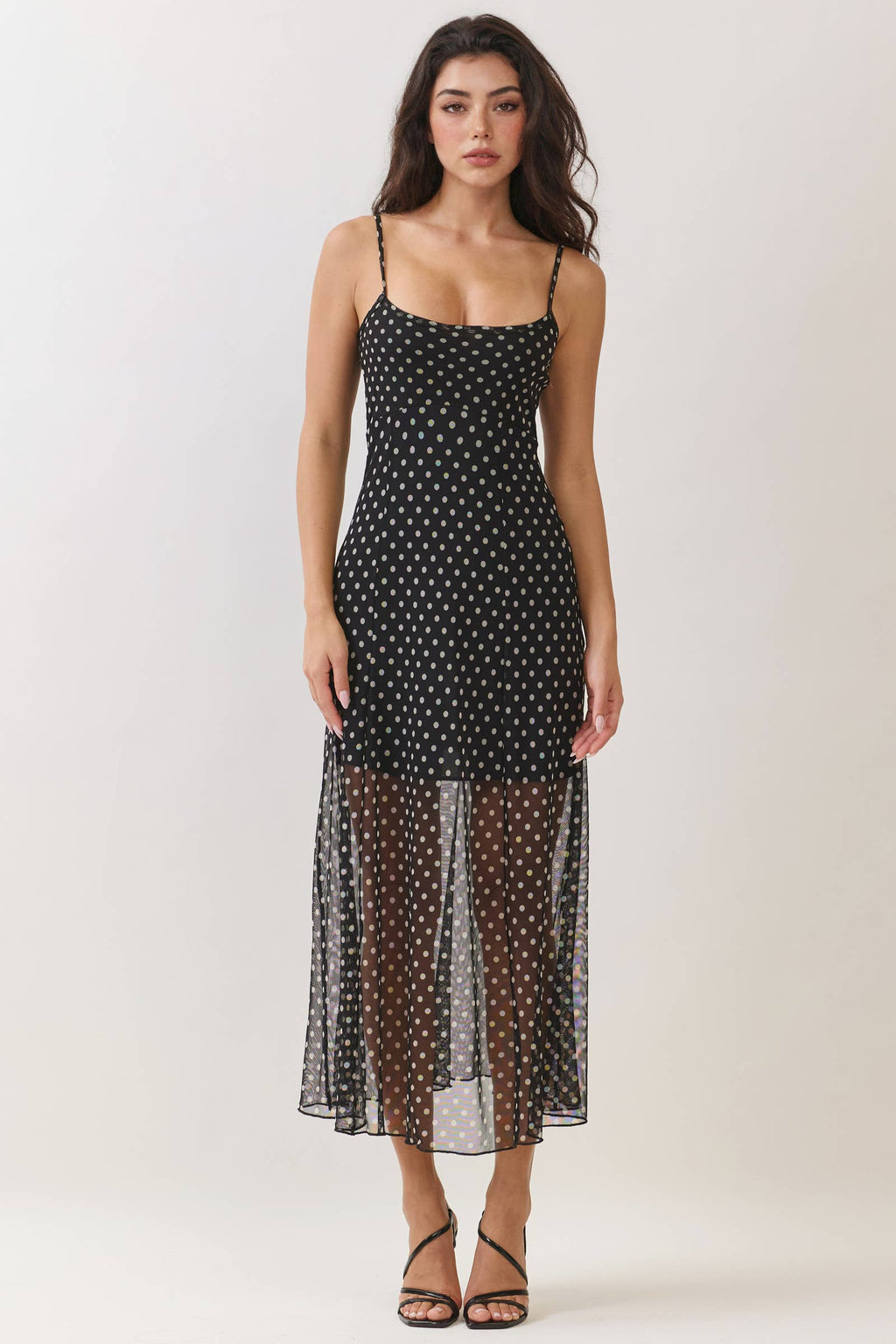 LD57179P - PRINTED MESH MAXI LINED TANK FIT AND FLARE DRESS