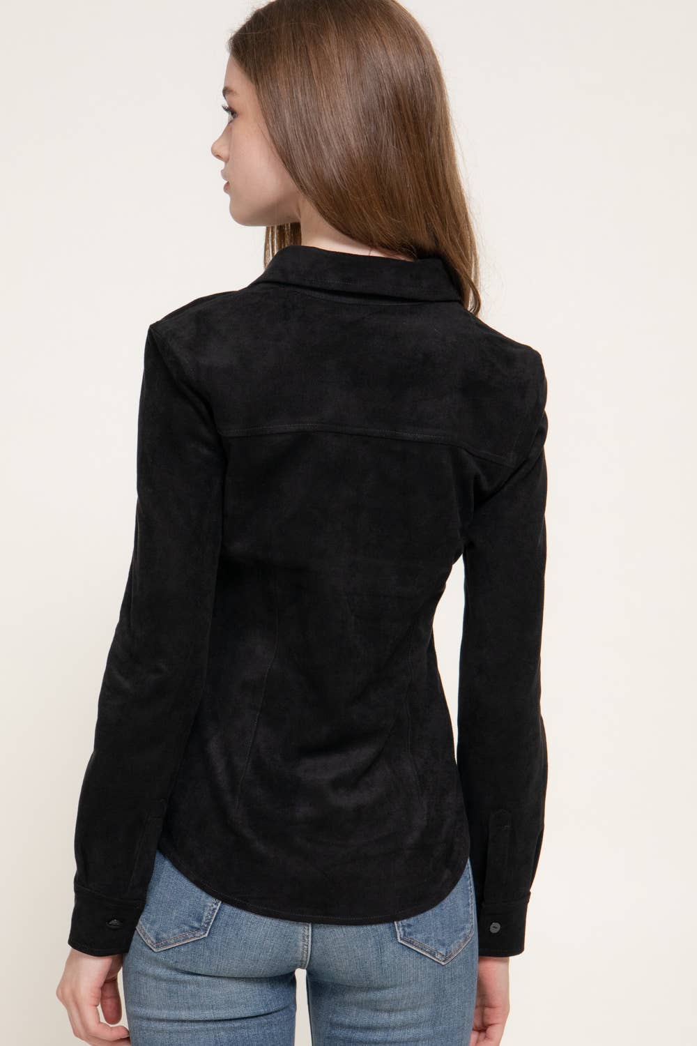 Long Sleeve Button Down Stretch Faux Suede Shirt