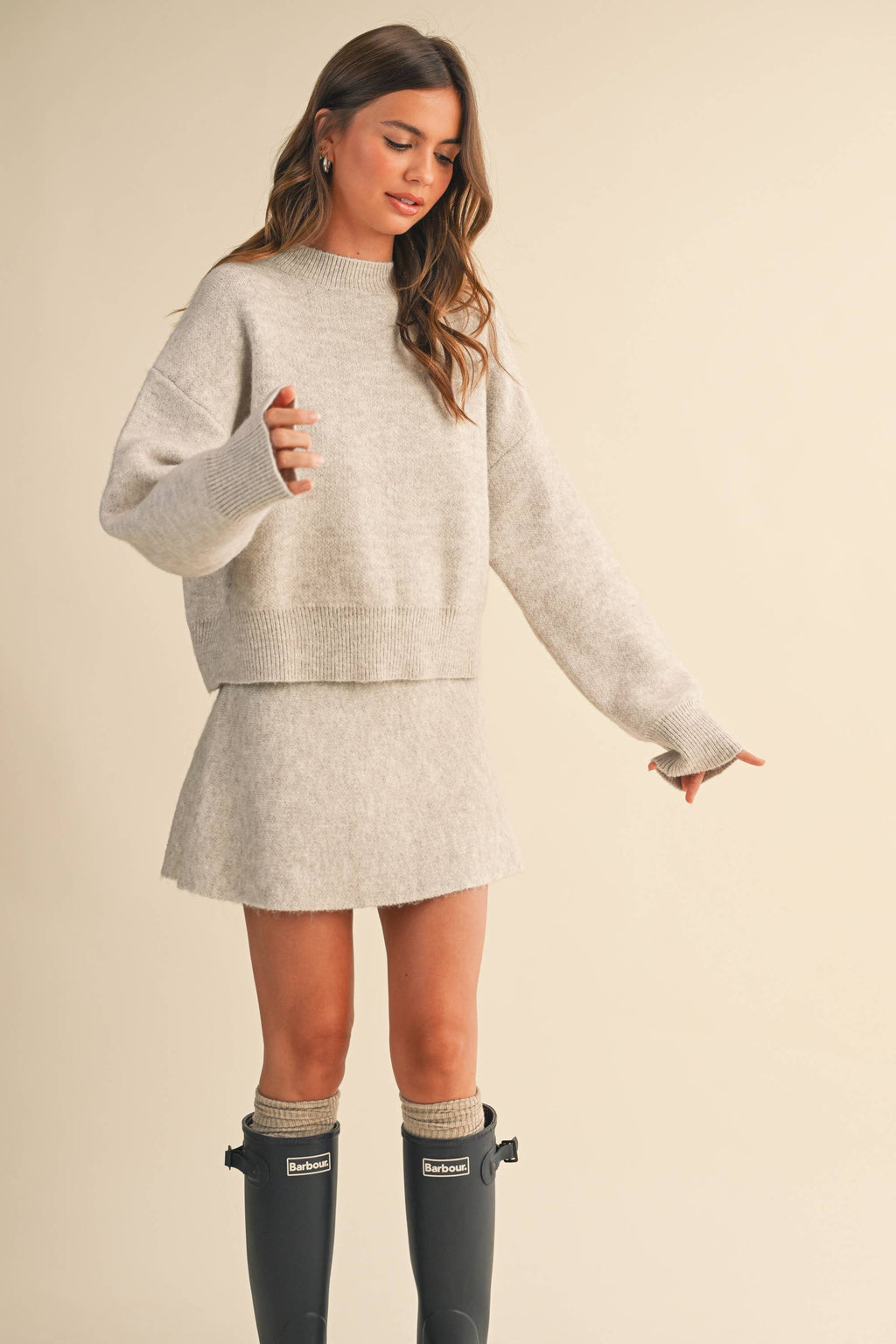 LONG SLEEVE SWEATER TOP AND FLARED MINI SKIRT SET