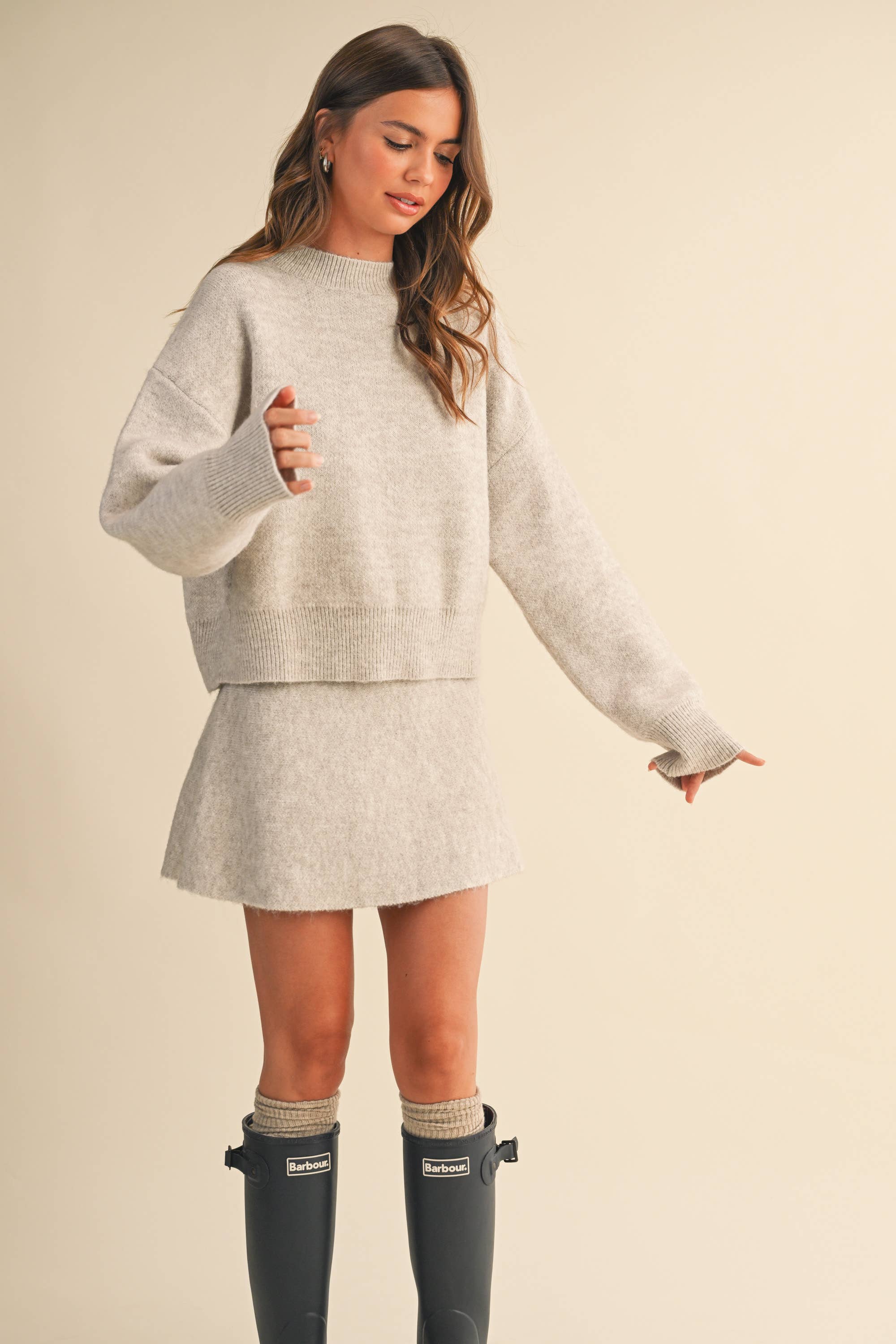 LONG SLEEVE SWEATER TOP AND FLARED MINI SKIRT SET